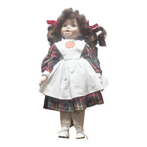 Annabelle Porcelain Doll Plaid Dress Apron Red Apple 1990s apron Collectible GUC